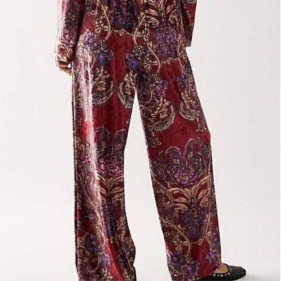 Free People Delphine Velvet Paisley Wine Jumpsuit Wide Leg One Piece. Large - Picture 4 of 7